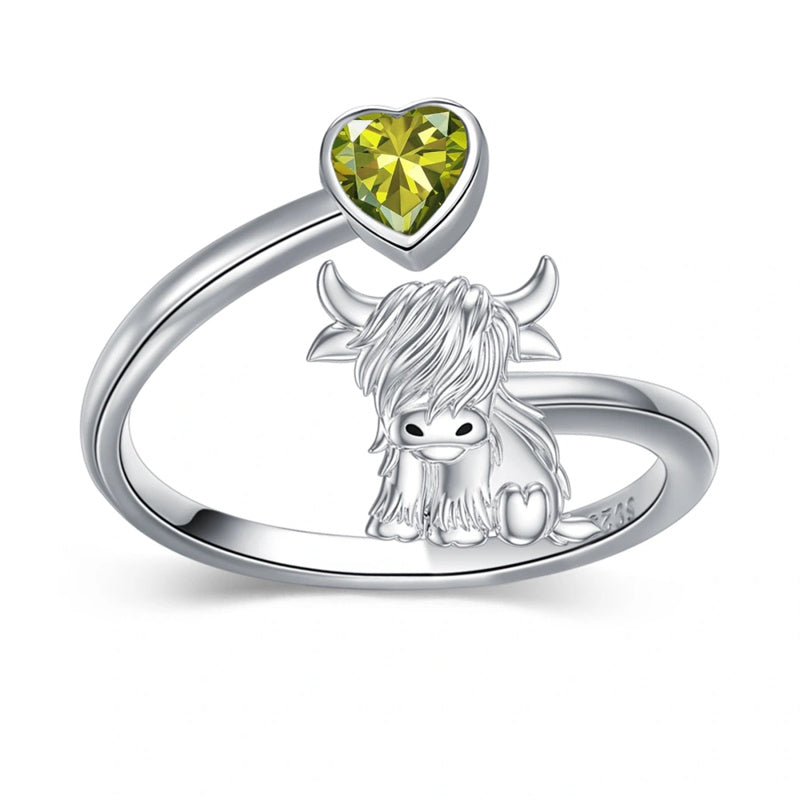 Sterling Silver Heart Birthstone Personalized Engraved Highland Cow Adjustable Ring