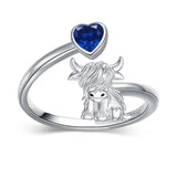 Sterling Silver Heart Birthstone Personalized Engraved Highland Cow Adjustable Ring