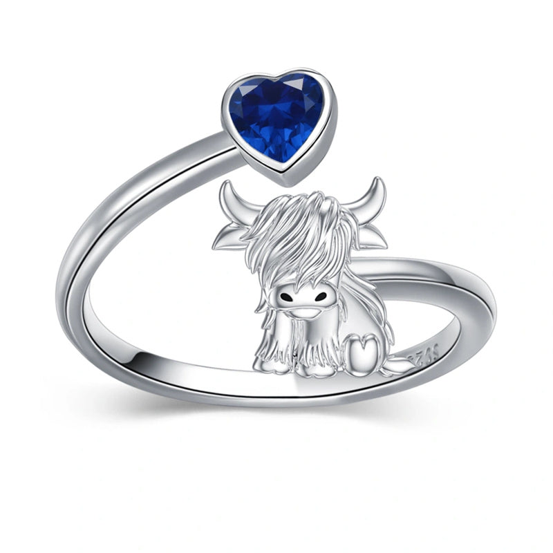 Sterling Silver Heart Birthstone Personalized Engraved Highland Cow Adjustable Ring