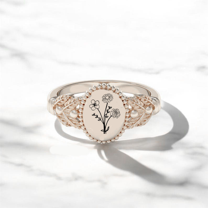 Sterling Silver Personalized  Birth Flower Ring Bouquet Nature Ring