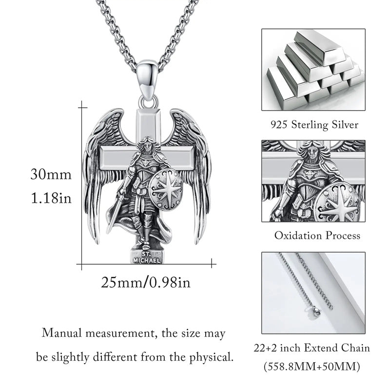 Sterling Silver Archangel Saint Michael& Cross Pendant Necklace for Men