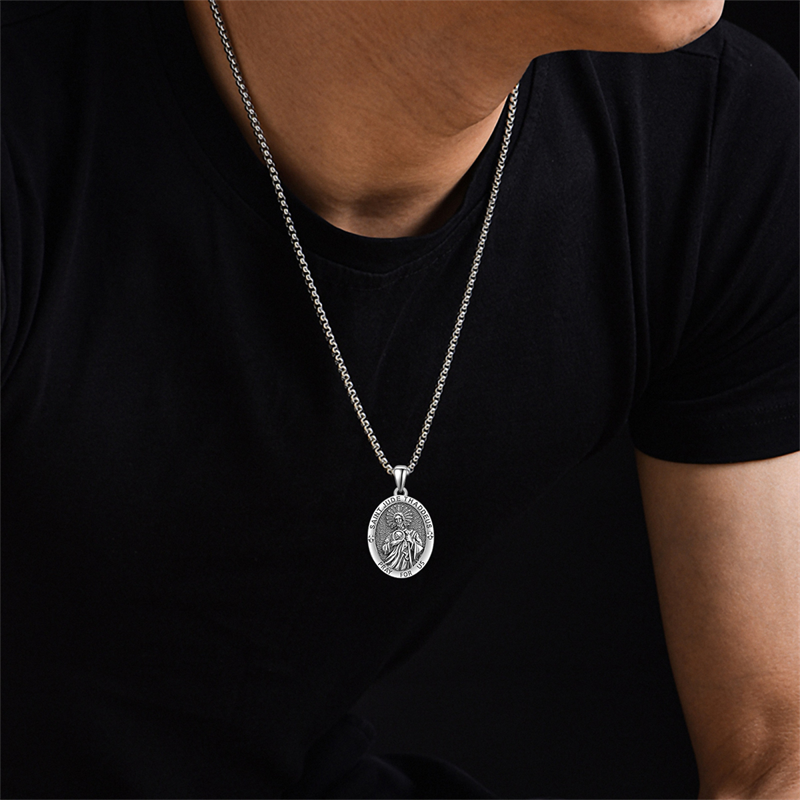 Sterling Silver Personalized Engraved Saint Jude Pendant Necklace with Engraved Word