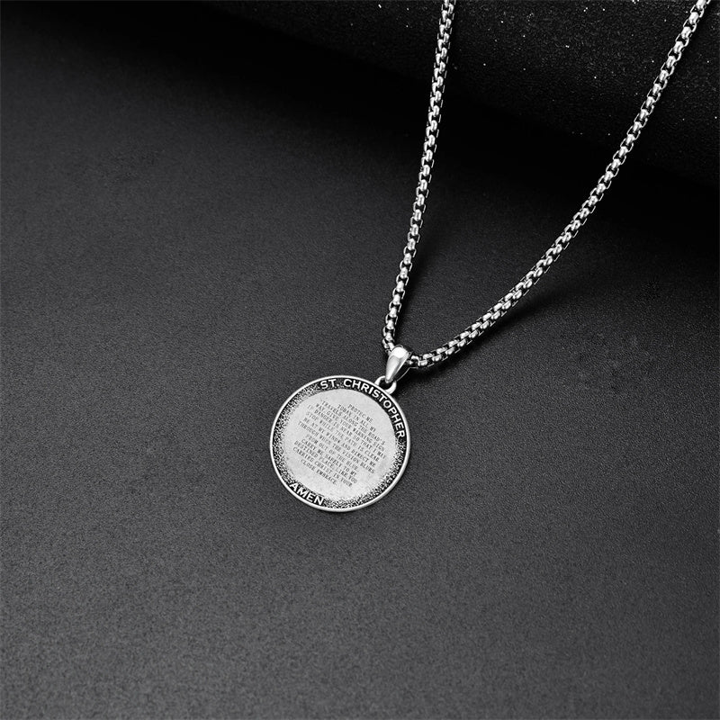 Sterling Silver Round Saint Christopher Pendant Necklace with Engraved Word for Men