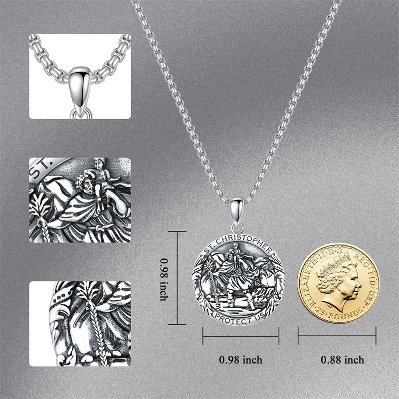 Sterling Silver Round Saint Christopher Pendant Necklace with Engraved Word for Men