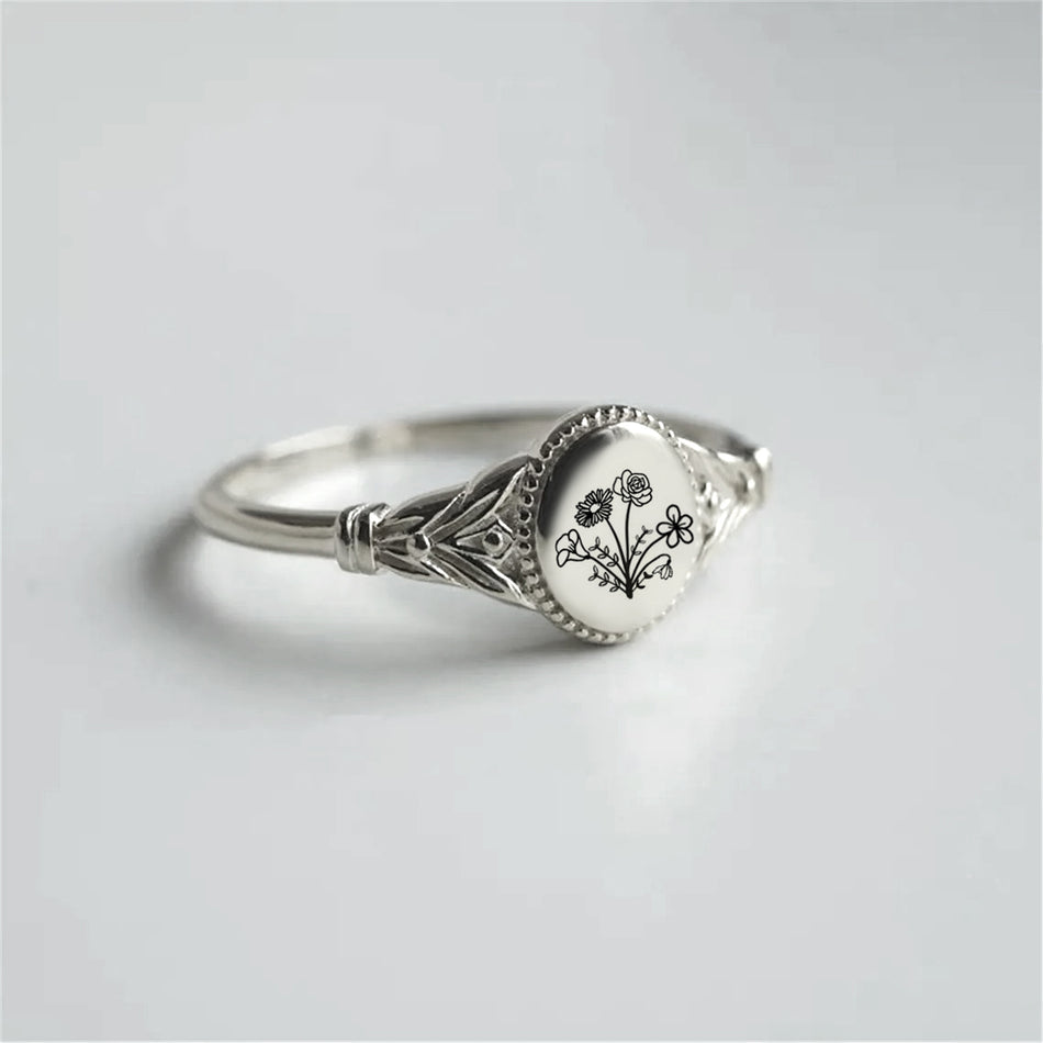 Sterling Silver Personalized Birth Flower Ring