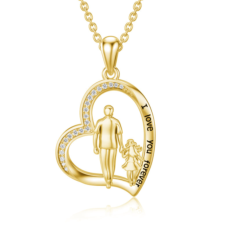 10K 14K 18K Gold Father Daughter Heart Pendant Necklace For Gift