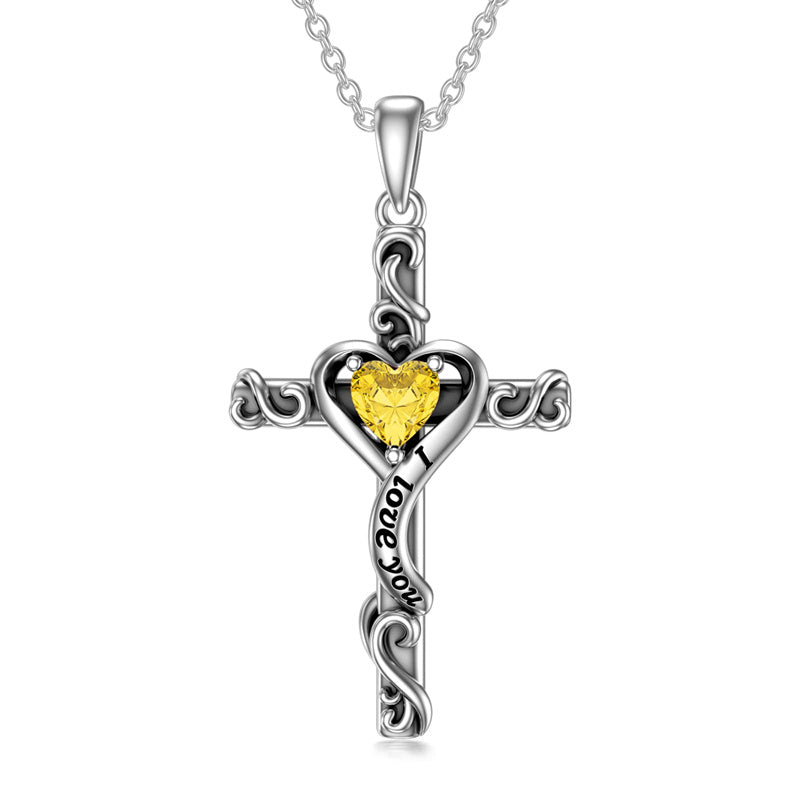 Sterling Silver Birthstone Cross Pendant Necklace Engraved With  Love You