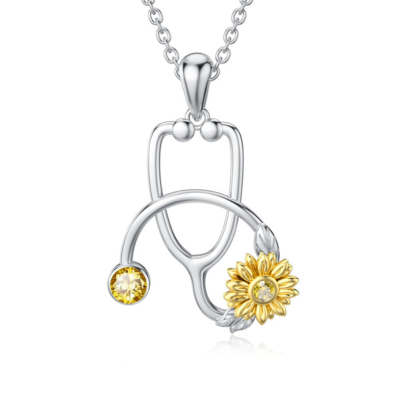 925 Sterling Silver Stethoscope Necklace with Sunflower Birthstone Necklace for Women Medical Doctor Nurse Jewelry Gift