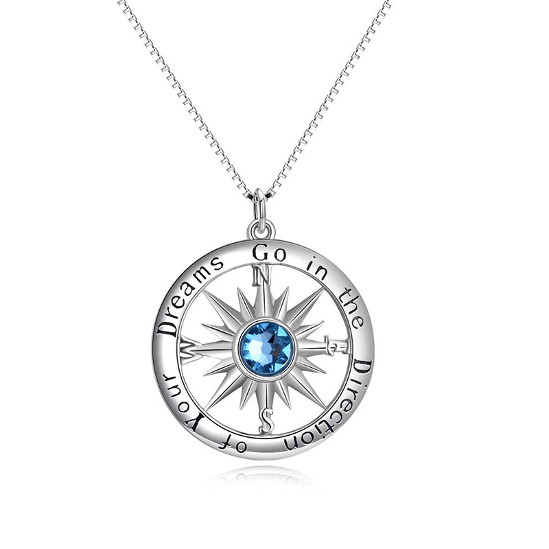 Sterling Silver Cubic Zirconia Compass Pendant Necklace With Engraved