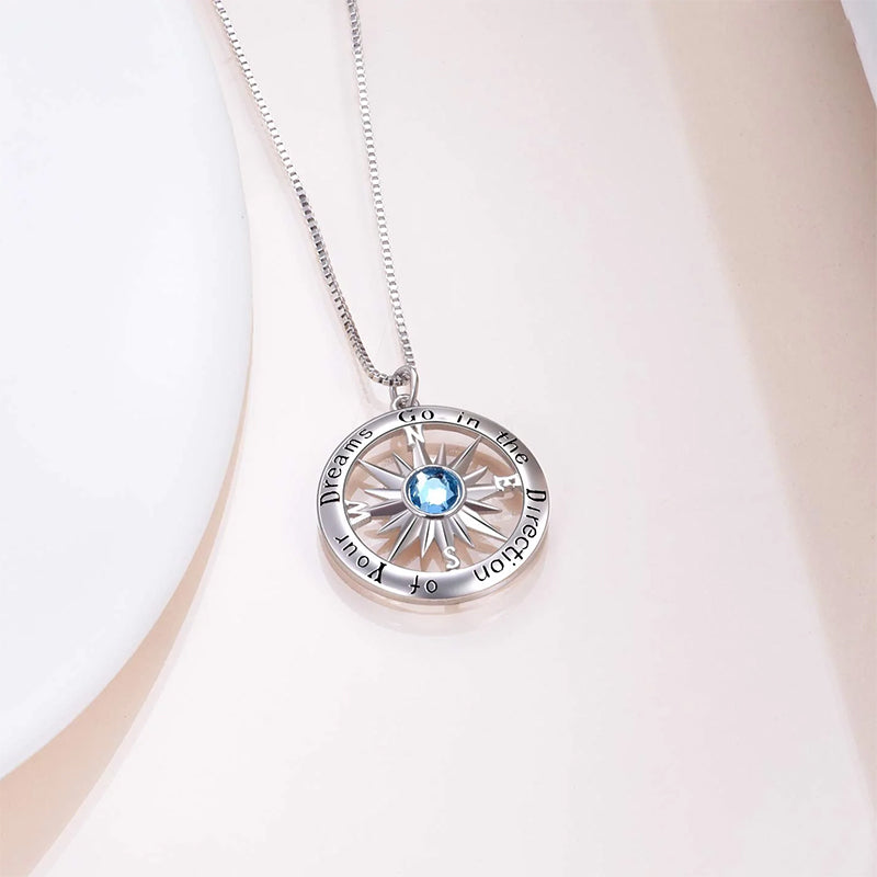 Sterling Silver Cubic Zirconia Compass Pendant Necklace With Engraved