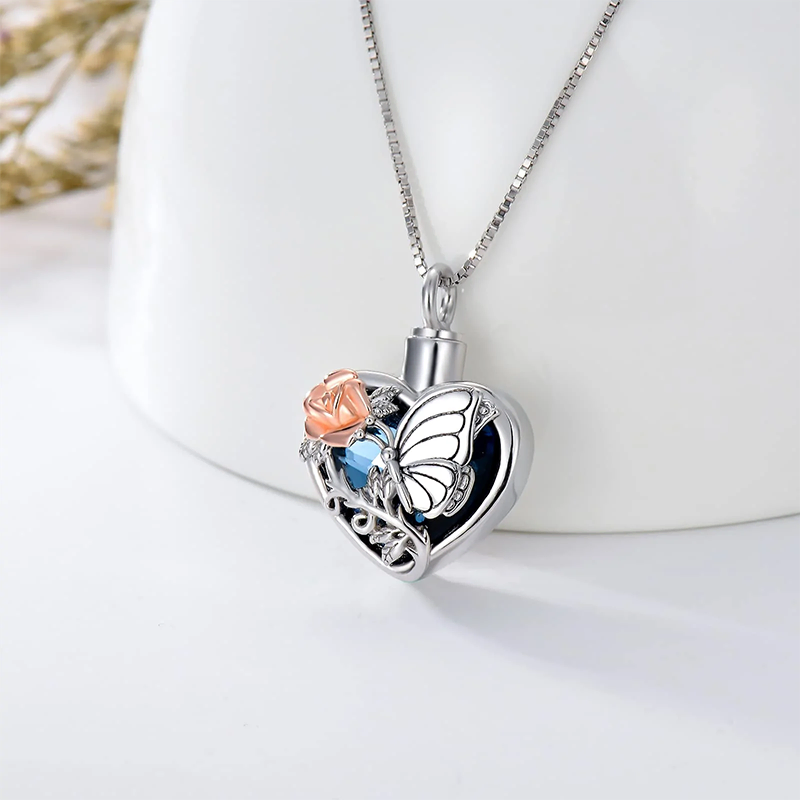 Sterling Silver Blue Heart Crystal Butterfly Urn Necklace for Ashes With Engraved