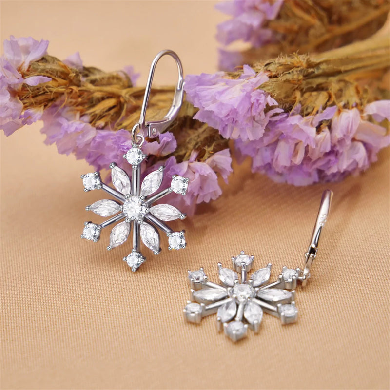 Sterling Silver CZ Snowflake Leverback Earrings