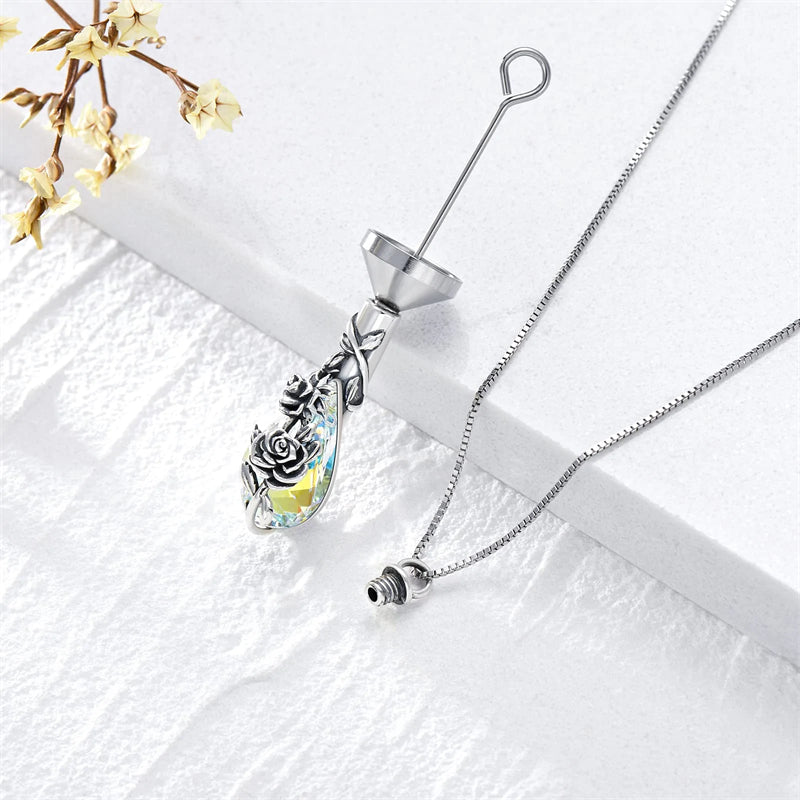 Sterling Silver Crystal Rose Sunflower Flower Urn Necklace for Ashes