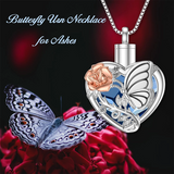 Sterling Silver Blue Heart Crystal Butterfly Urn Necklace for Ashes With Engraved