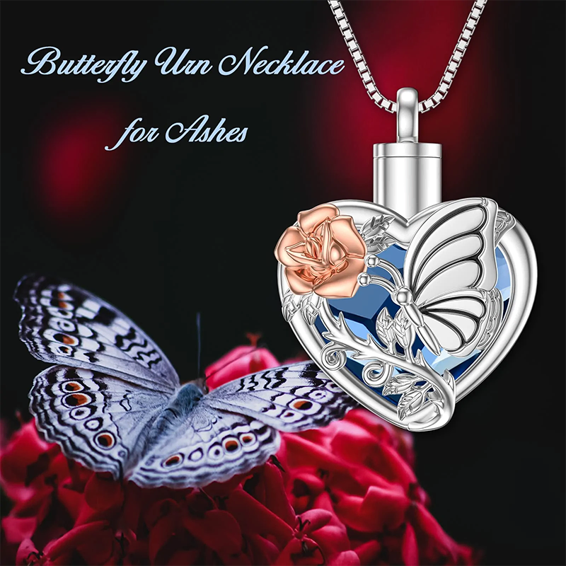 Sterling Silver Blue Heart Crystal Butterfly Urn Necklace for Ashes With Engraved
