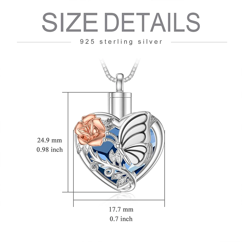 Sterling Silver Blue Heart Crystal Butterfly Urn Necklace for Ashes With Engraved