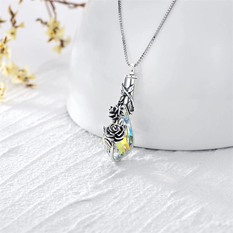 Sterling Silver Crystal Rose Sunflower Flower Urn Necklace for Ashes