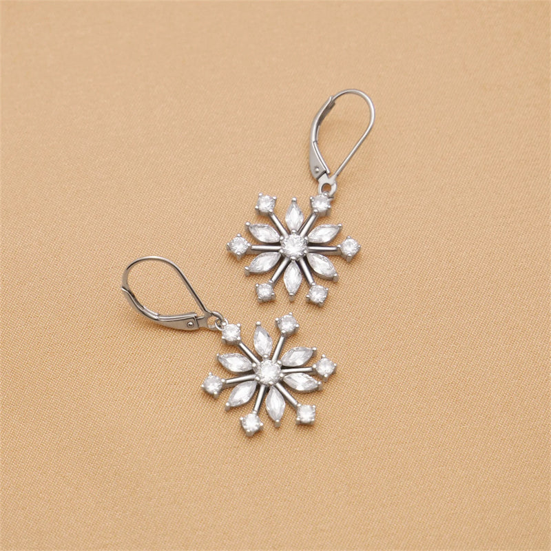 Sterling Silver CZ Snowflake Leverback Earrings