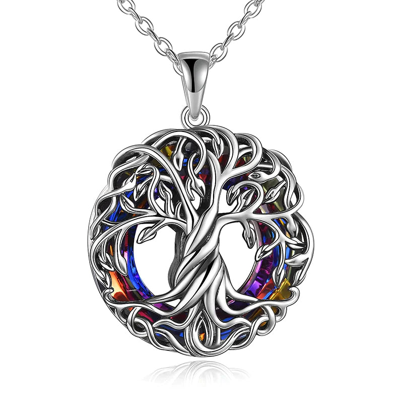 Sterling Silver Circle Crystal Tree of Life Urn Necklace for Ashes
