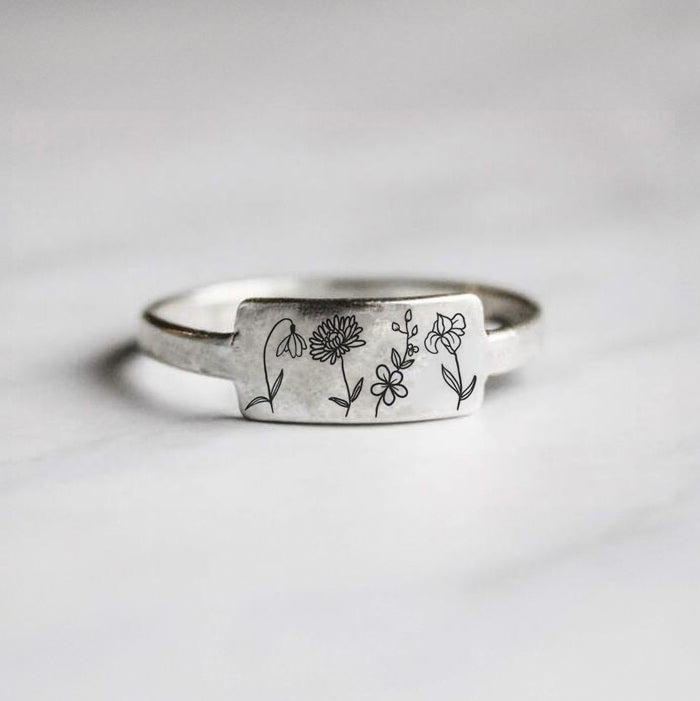 Sterling Silver Personalized Birth Flower Ring