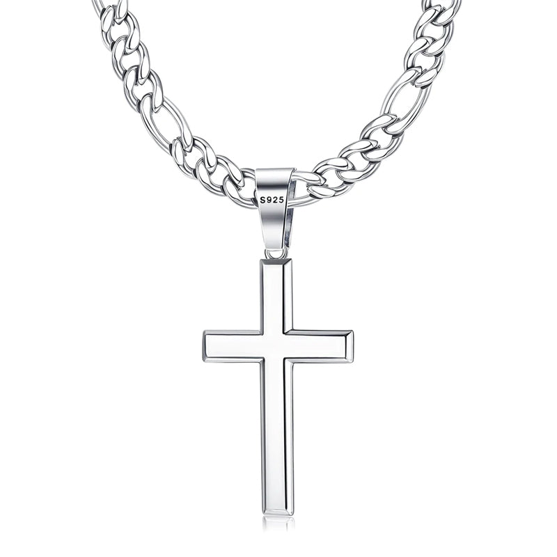 Sterling Silver Cross 5mm Stainless Steel Diamond-Cut Durable Figaro Chain Pendant Necklace