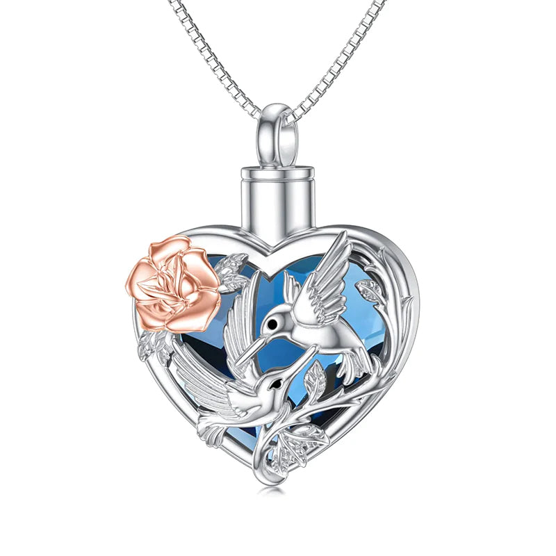 Hummingbird Urn Necklace for Ashes Sterling Silver with Crystal Cremation Jewelry w/Funnel Filler Keepsake Memory Jewelry for Women Girls