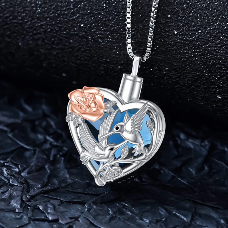 Hummingbird Urn Necklace for Ashes Sterling Silver with Crystal Cremation Jewelry w/Funnel Filler Keepsake Memory Jewelry for Women Girls