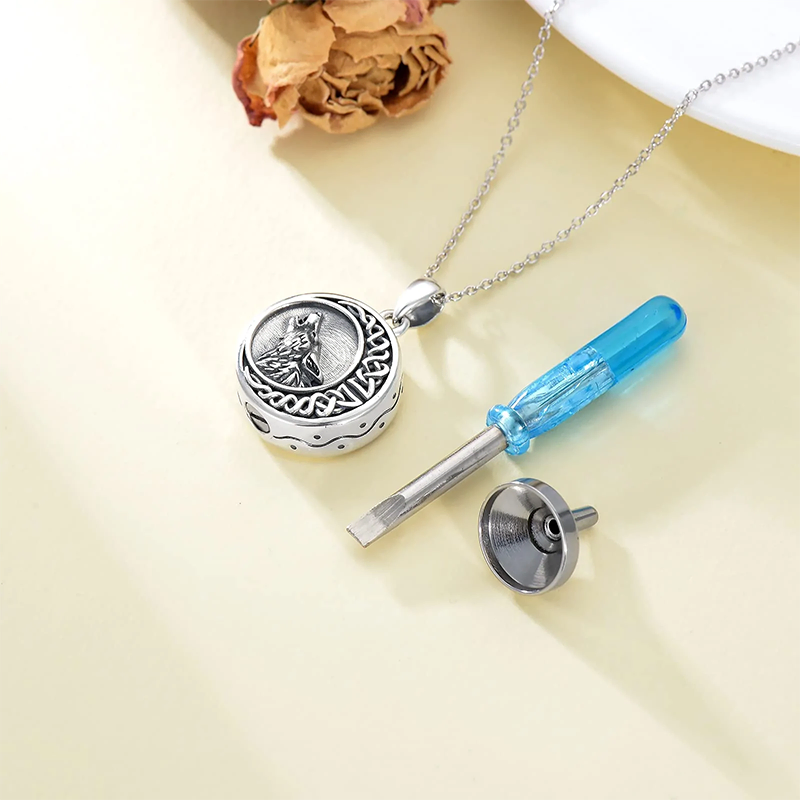Sterling Silver Wolf Urn Necklace for Ashes With Engraved