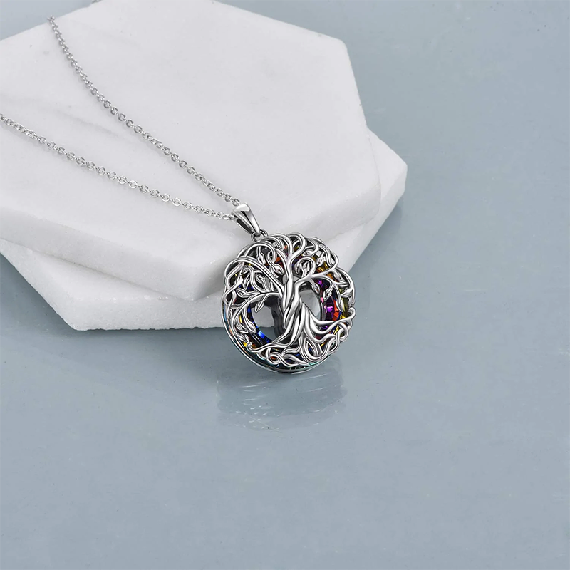 Sterling Silver Circle Crystal Tree of Life Urn Necklace for Ashes