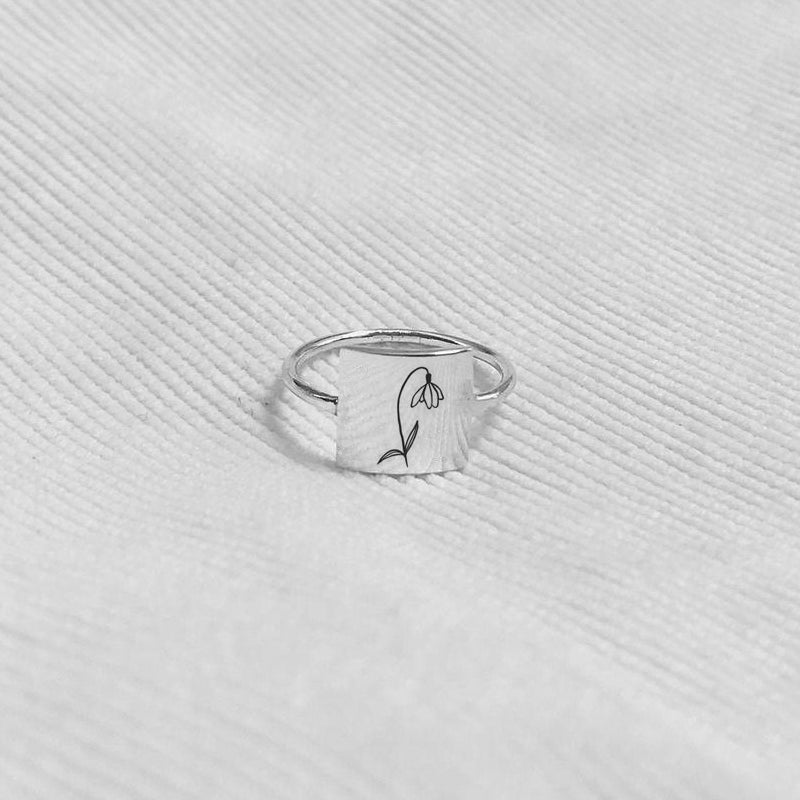 Sterling Silver Square Personalized Birth Flower Ring
