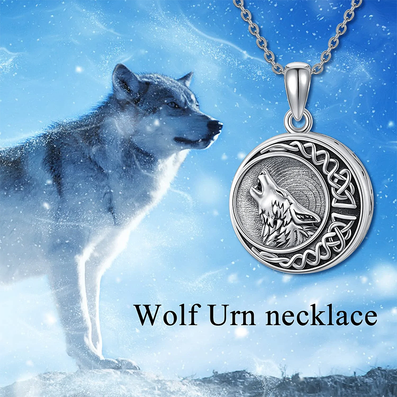 Sterling Silver Wolf Urn Necklace for Ashes With Engraved