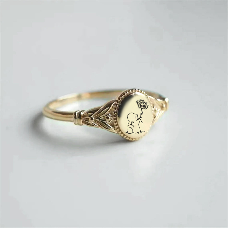 Sterling Silver Bunny Ring Rabbit and Rose/Carnation/Daisy Ring Easter Gifts Mother's Day Gift