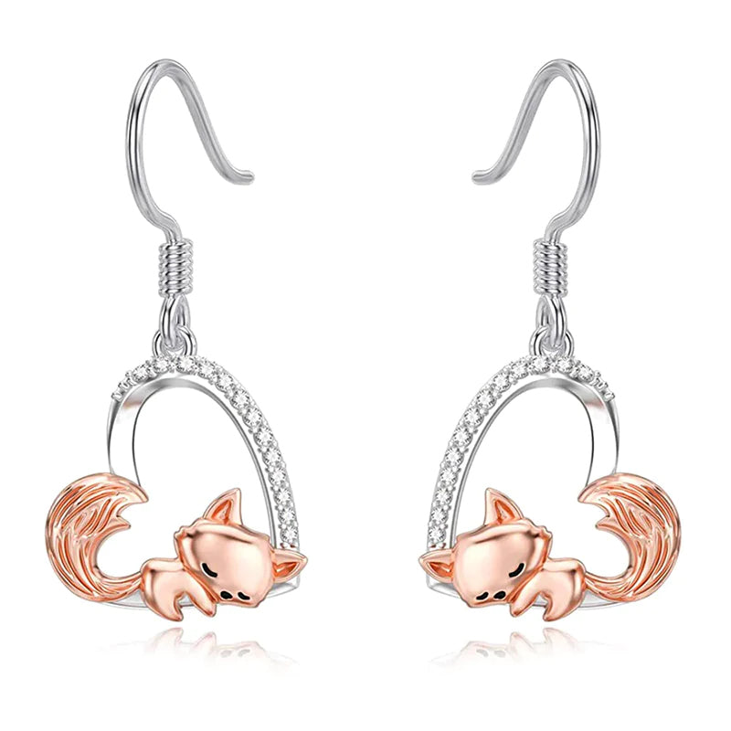 Sterling Silver Fox Moon Heart Dangle Earrings