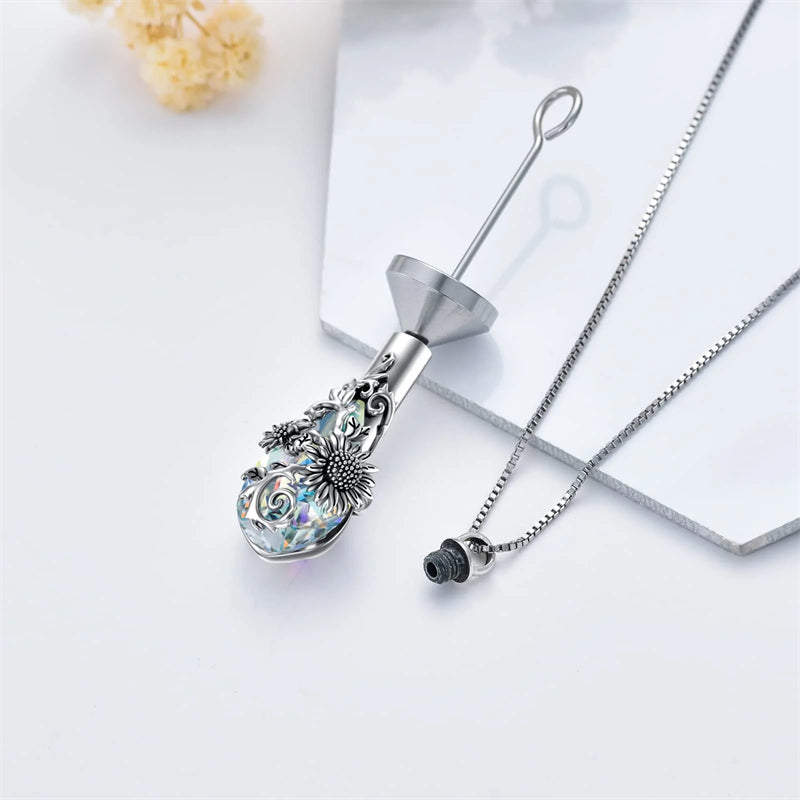Sterling Silver Crystal Rose Sunflower Flower Urn Necklace for Ashes