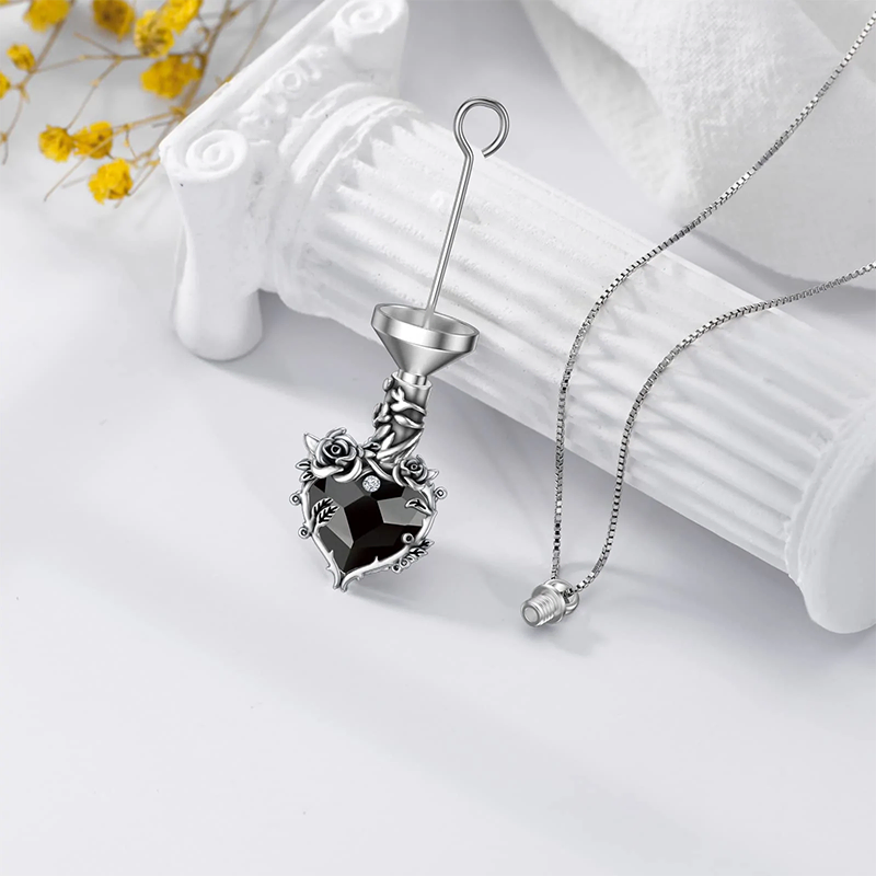 Sterling Silver Heart Crystal Rose Flower Urn Necklace for Ashes Cremation Jewelry