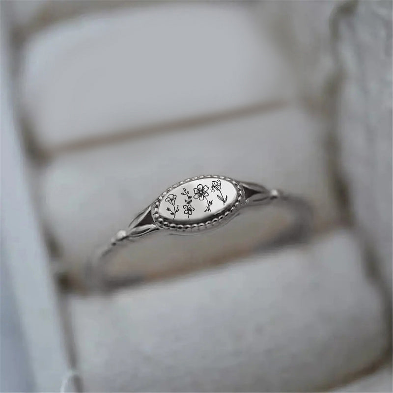 Sterling Silver Personalized Birth Flower Ring Wildflower Nature Ring