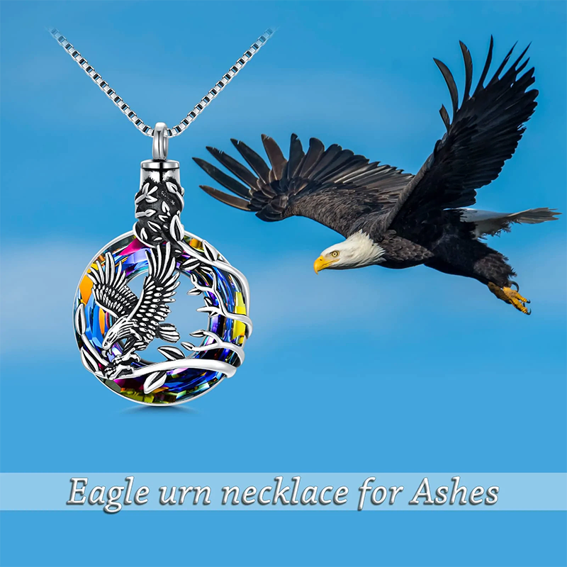 Sterling Silver Circle Crystal Eagle Urn Necklace for Ashes