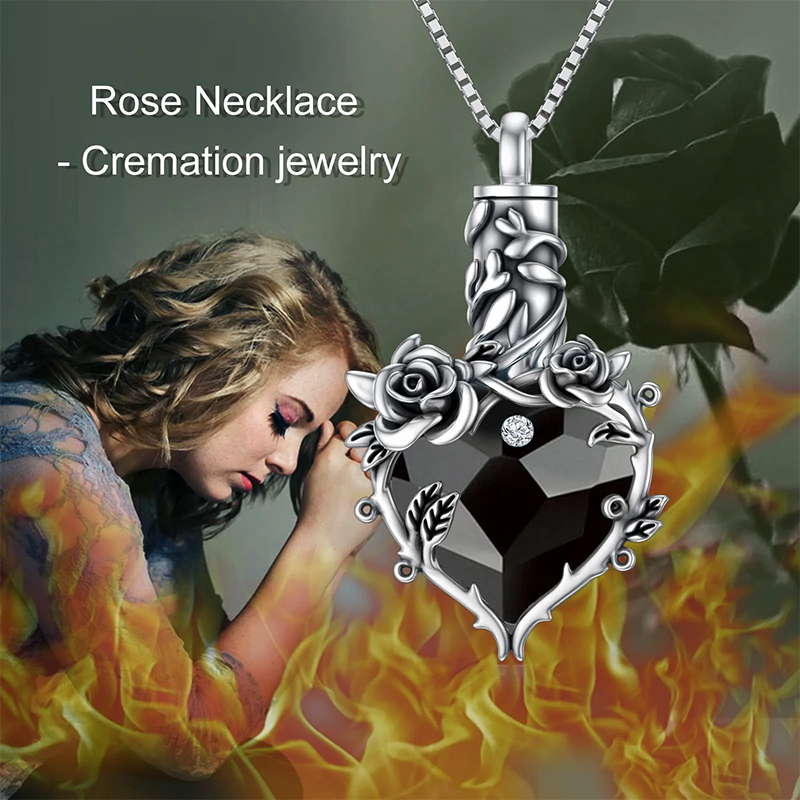 Sterling Silver Heart Crystal Rose Flower Urn Necklace for Ashes Cremation Jewelry