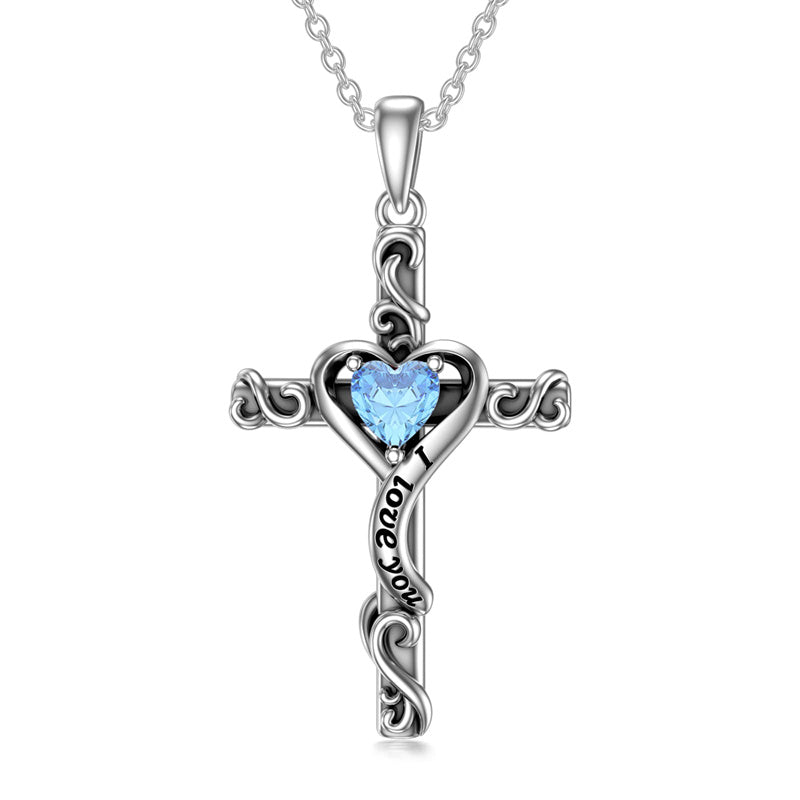 Sterling Silver Birthstone Cross Pendant Necklace Engraved With  Love You