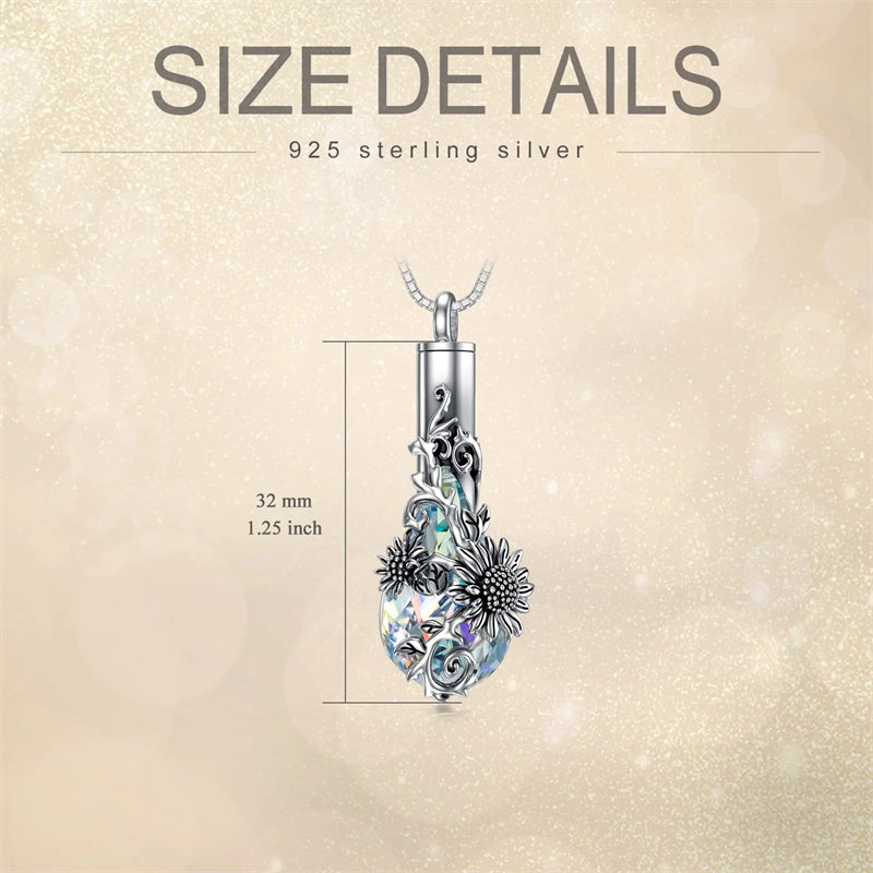 Sterling Silver Crystal Rose Sunflower Flower Urn Necklace for Ashes