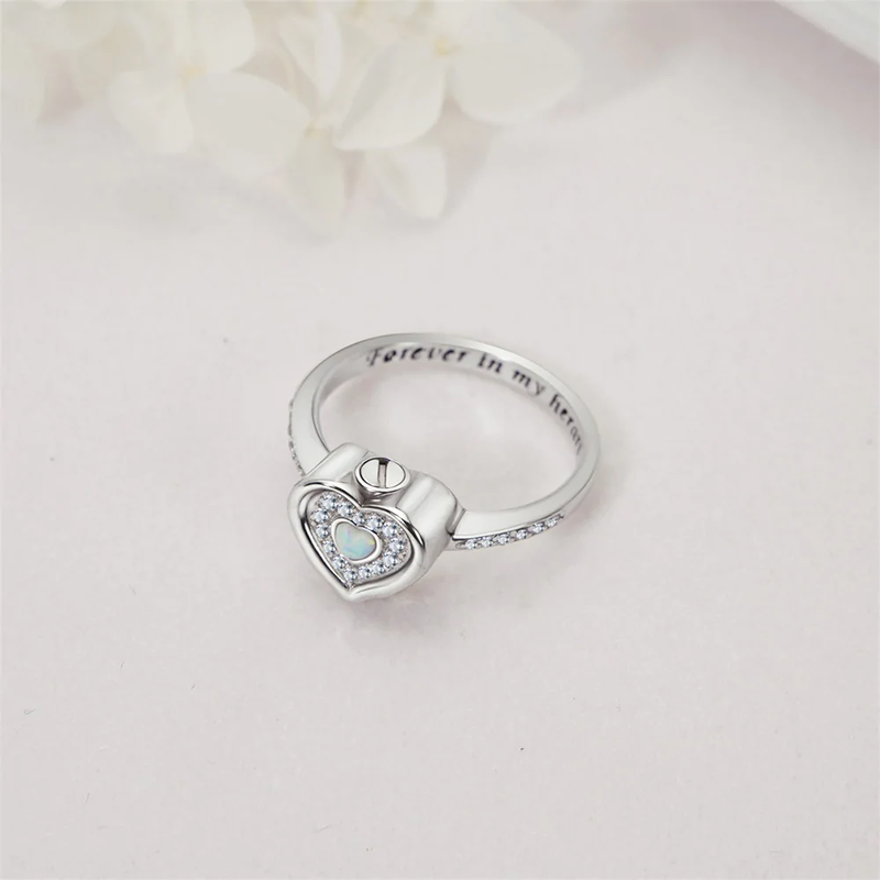 Sterling Silver Lab Opal Heart Urn Ring for Ashes Engraved With  Forever In My heart