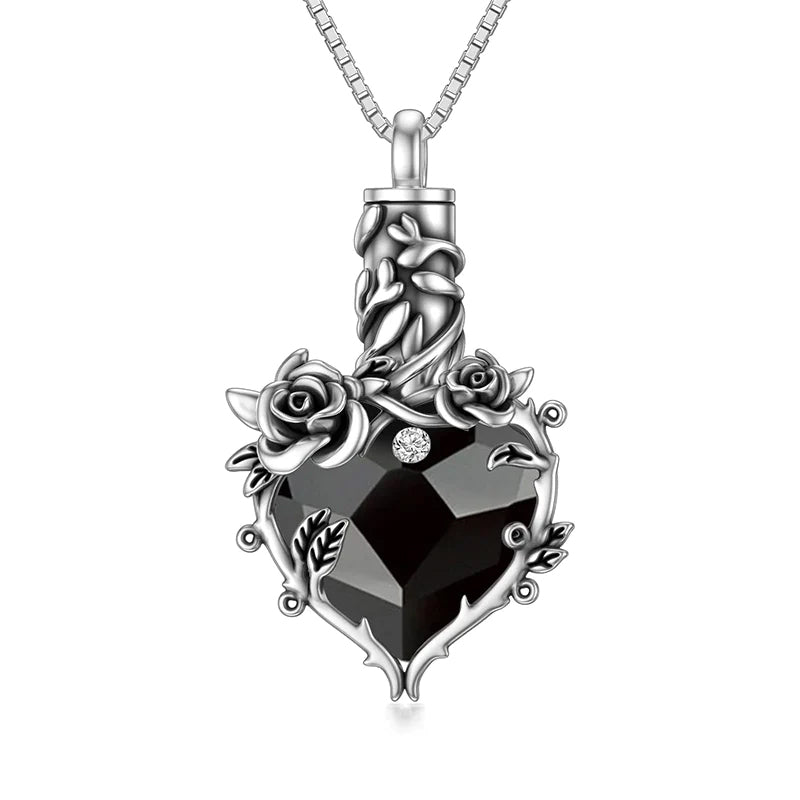 Sterling Silver Heart Crystal Rose Flower Urn Necklace for Ashes Cremation Jewelry