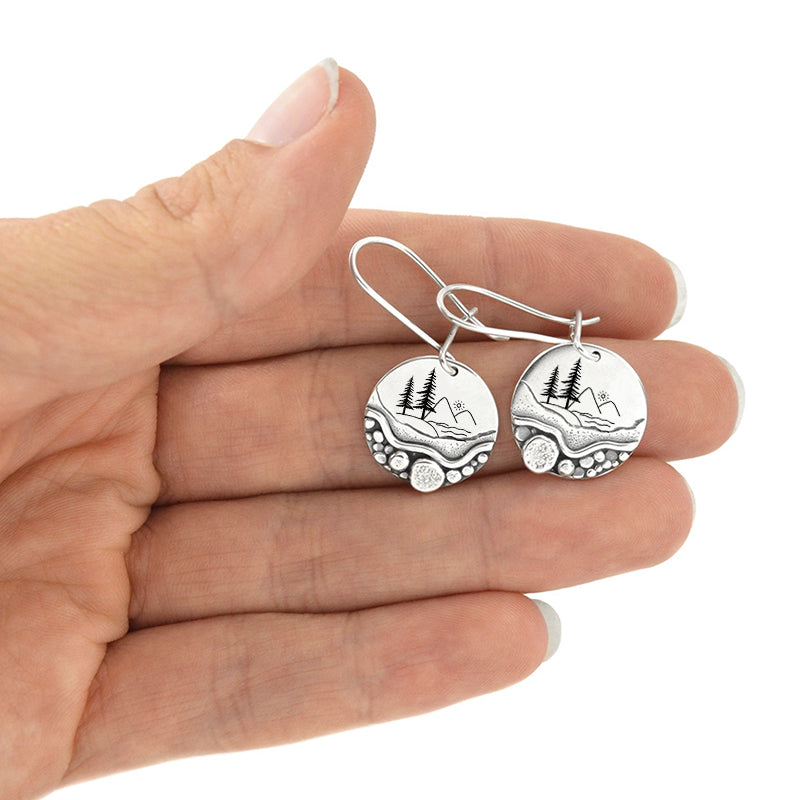 Sterling Silver Trail Mini Forest Pebble Wildflower Dangle Earrings