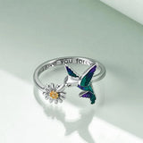 Sterling Silver Hummingbird & Daisy Flower Ring