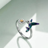 Sterling Silver Hummingbird & Daisy Flower Ring
