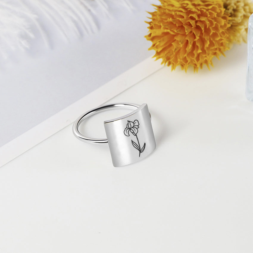 Sterling Silver Square Personalized Birth Flower Ring