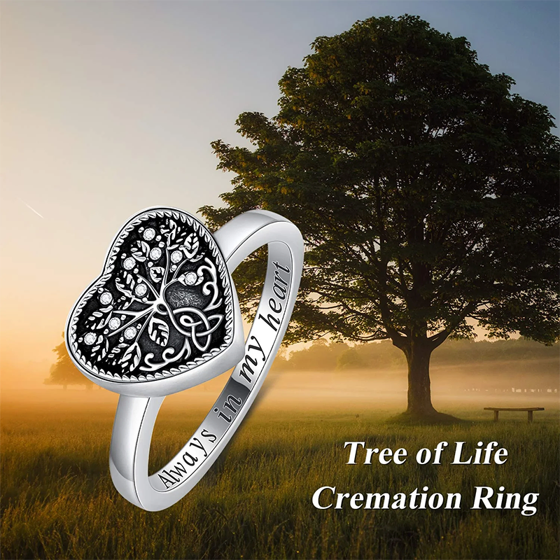 925 Sterling Silver Heart Celtic Tree of Life Urn Ring  for Ashes  Engraved with Always in My Heart