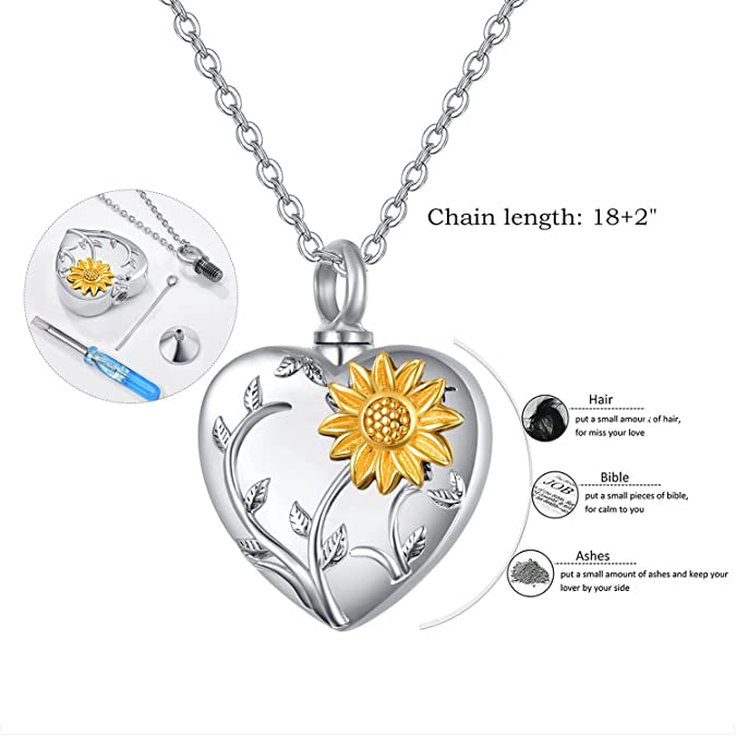 Sterling Silver Sunflower Heart Urn Necklace for Ashes