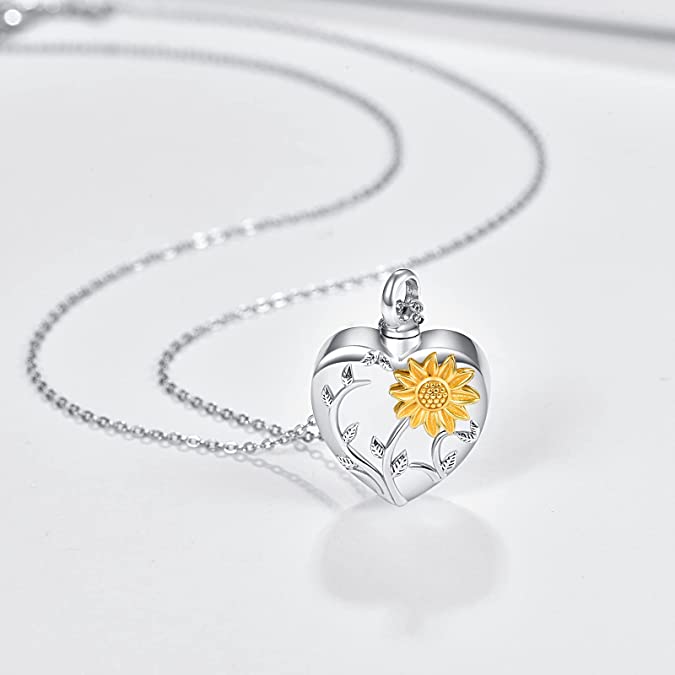 Sterling Silver Sunflower Heart Urn Necklace for Ashes