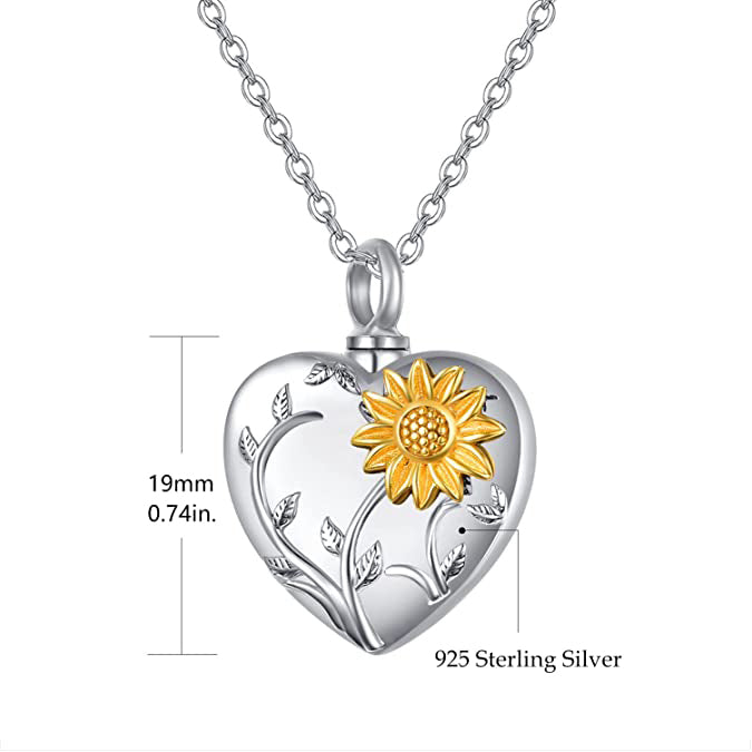 Sterling Silver Sunflower Heart Urn Necklace for Ashes